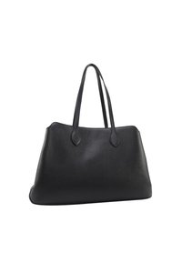 Saco tote de couro preto com textura lisa, forma alongada, alças duplas e base arredondada; design minimalista, sem hardware ou acabamentos visíveis.