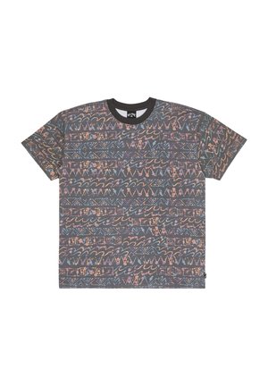 Korte mouw t-shirt van donkergrijze stof met abstracte meerkleurige patronen, voorzien van een ronde zwarte halslijn en een ontspannen pasvorm.