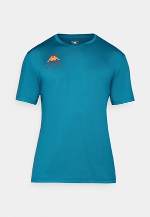 Turquoise short-sleeve T-shirt in smooth fabric with round neck. Features a small logo in orange and dark red on the chest.