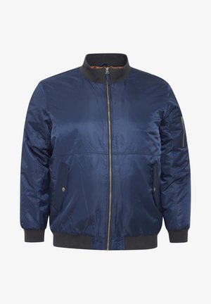 Tamnoplava bomber jakna izrađena od glatkog sintetičkog materijala, sa zip zatvaranjem sprijeda, rebrastim rukavima, bočnim džepovima i teksturiranim ovratnikom.