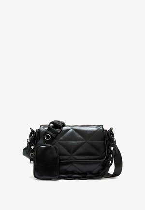 Black quilted leather bag featuring a detachable mini pouch, adjustable strap, and chain accent on the body. Smooth texture with shiny finish.