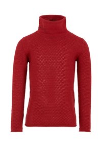 Maglione a collo alto lavorato a maglia di colore rosso con maniche lunghe e silhouette aderente, esposto su uno sfondo bianco.