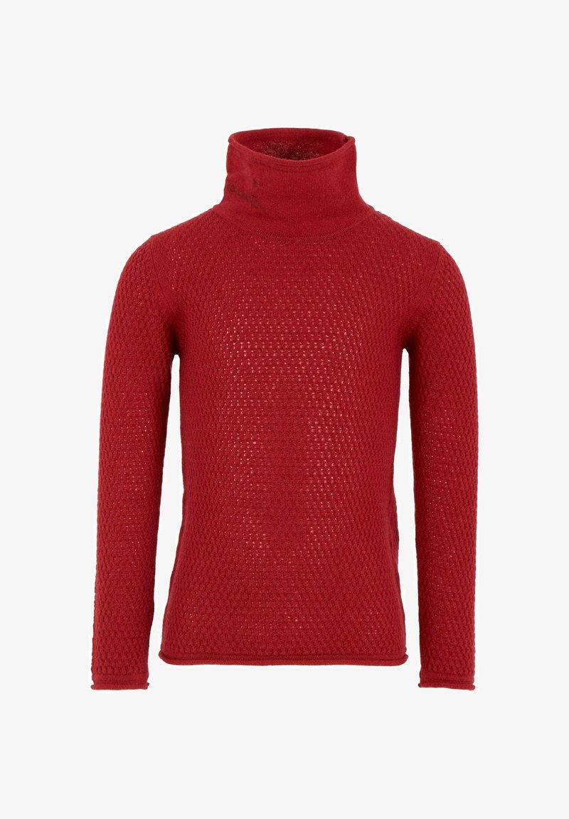 Maglione a collo alto lavorato a maglia di colore rosso con maniche lunghe e silhouette aderente, esposto su uno sfondo bianco.