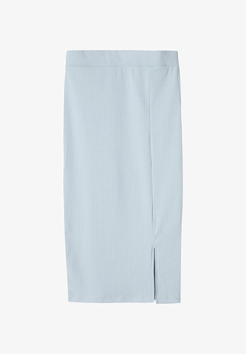 Šviesiai mėlyna raukinėta pieštuko sijonas su lygiu paviršiumi, su plyšiu kairėje pusėje ir elastinga juosta, užtikrinančia gerą prigludimą.