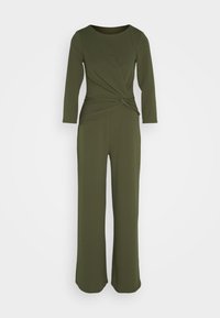 Combinaison vert olive à manches longues avec col rond et détail nœud torsadé à la taille, pantalon droit à jambes larges.
