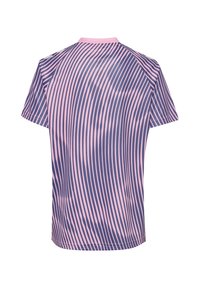 Short-sleeve sports shirt with wavy navy and pink vertical stripes, shown from the back against a white background.