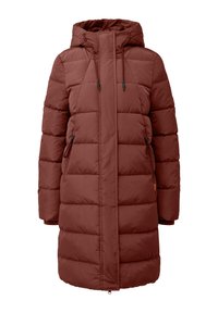 Bordeaux pufferjack met een capuchon, met een gestikt design, trekkoordjes en zijzakken. Lange mouwen en een gladde stof.