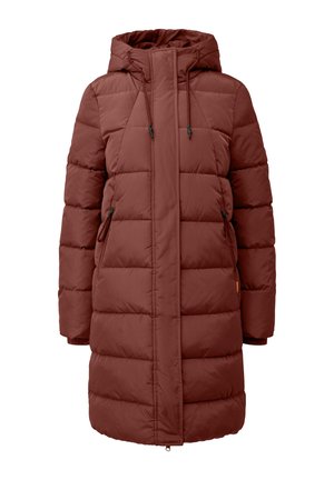 Burgunderfarbener Puffer-Mantel mit Kapuze, mit einem gesteppten Design, Kordeln und seitlichen Taschen. Lange Ärmel und glattes Textilgewebe.