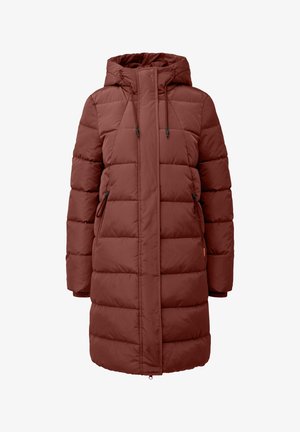 Burgunderfarbener Puffer-Mantel mit Kapuze, mit einem gesteppten Design, Kordeln und seitlichen Taschen. Lange Ärmel und glattes Textilgewebe.