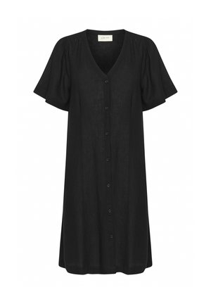 Abito nero con bottoni, maniche a puff corte, realizzato in tessuto leggero. Presenta un collo a V e una silhouette morbida.