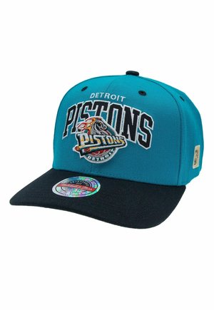 Petrolblaue und schwarze Detroit Pistons Kappe mit gesticktem Teamnamen und Logo, verstellbarer Aufkleber am schwarzen Schirm.