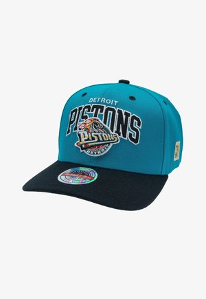 Teal and black Detroit Pistons cap with embroidered team name and logo, adjustable fit sticker on black brim.