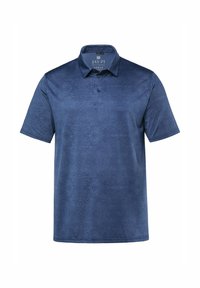 Blaues Poloshirt mit kurzen Ärmeln, dezent strukturiertem Muster und einem Kragen mit drei Knöpfen, dargestellt auf weißem Hintergrund.