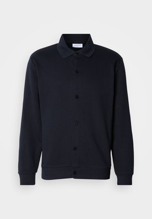 Navy blue button-up jacket with a collared neck, long sleeves, and a smooth texture. Features six buttons down the front.