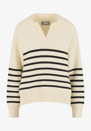 Pulover cu dungi crem și dungi orizontale negre, prevăzut cu decolteu în V și manșete și tiv striate, realizat din material tricotat texturat.