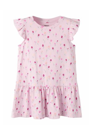 Vestido rosa sin mangas para niño pequeño con volantes en los hombros y el dobladillo, decorado con pequeños patrones de tulipanes rosa, durazno y amarillo.