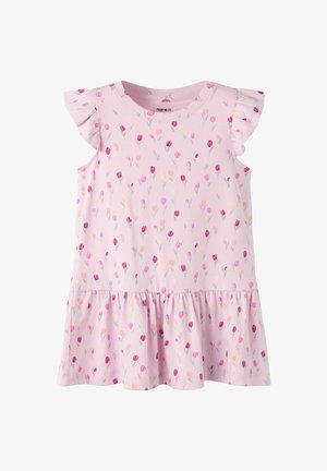 Robe rose sans manches pour tout-petit avec épaules et ourlet volantés, décorée de petits motifs de tulipes roses, pêche et jaunes.