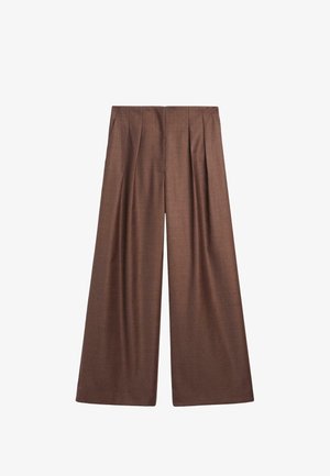 Braune weite Hosen mit strukturiertem Finish, ausgestattet mit Bundfalten und zwei Seitentaschen, die eine lässige Passform und eine schlanke Silhouette bieten.