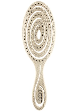 Cepillo de pelo ovalado color beige con diseño recortado, textura ondulada, cerdas negras y "ID Italian Design" impreso en el mango.