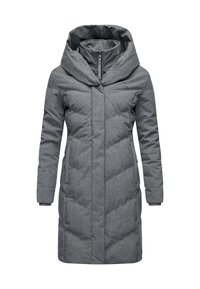 Pilka pūkinė striukė su aukšta apykakle, ilgomis rankovėmis ir užtrauktuku priekyje. Yra įstrižos siūlės ir šoninės kišenės.