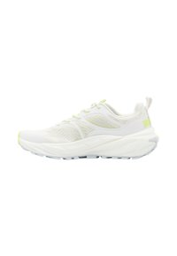 White athletic shoe featuring a textured upper, lime green accents, and a cushioned sole with a distinctive wave design.