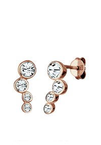 Örhängen i roséguld med fem klara kristallstenar arrangerade i ett kaskadmönster, med en polerad yta och säker post-back-design.