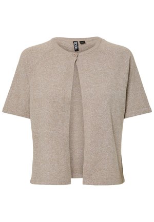 Beige stickad kofta med rund halsringning, korta ärmar och knappstängning framtill, designad med en avslappnad passform och mjuk textur.