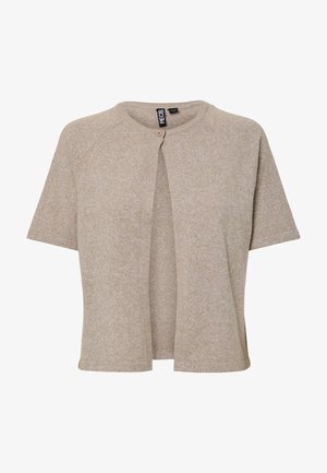 Cardigan en tricot beige avec un col rond, des manches courtes et une fermeture à boutons sur le devant, conçu avec une coupe décontractée et une texture douce.