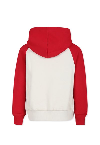 Felpa con cappuccio con cappuccio e maniche rosse, caratterizzata da un corpo bianco testurizzato e polsini a coste. Nessuna grafica o decorazione frontale visibile.