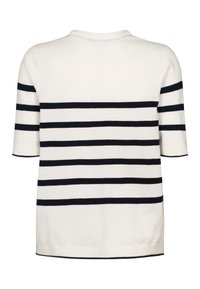 Sweter z krótkim rękawem w kremowym kolorze z granatowymi poziomymi paskami, z okrągłym dekoltem i prążkowanymi wykończeniami. Miękka dzianina.