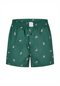 Zelené boxerky z hladké látky s opakujícím se vzorem červených a bílých ponožek. Elastický pas s předním zapínáním na knoflíky.