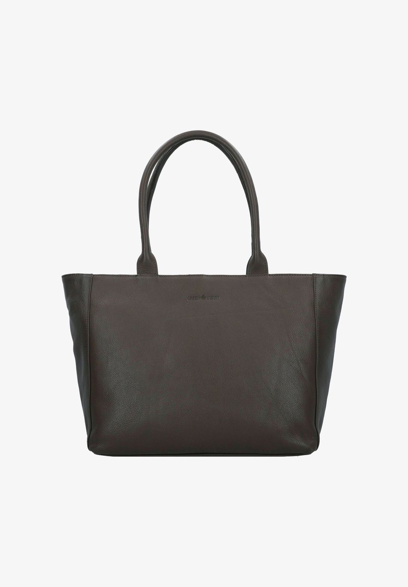 Borsa tote in pelle marrone scuro con due manici robusti, texture liscia e una semplice forma rettangolare. Presenta un discreto logo sul davanti.