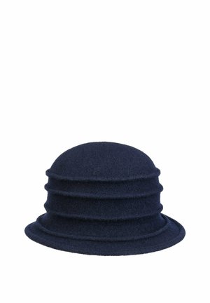 Dark navy blue wool bucket hat with tiered horizontal ridges and a slightly flared brim, set against a white background.