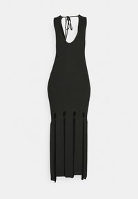 Abito nero senza maniche con scollatura a V profonda sul retro, aperture laterali e lunghe cravatte verticali all'orlo. Realizzato in un tessuto liscio con una silhouette aderente.
