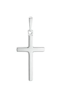 Ciondolo a croce d'argento con una superficie liscia e lucida e un design semplice. Le braccia della croce sono di lunghezza uguale e dritte.