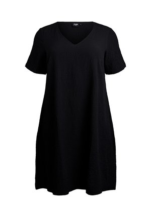 Juodas trumpas rankovėmis suknelė su V formos iškirpte, pagaminta iš tekstūruoto audinio, pasižyminti laisvu siluetu ir sraunumu.