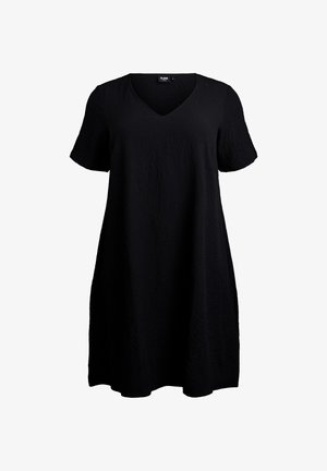 Must hivid kleit V-kaelusega, valmistatud tekstureeritud kangast, omab lõdva istuvuse ja voolavat siluetti.