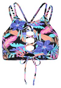 Top de baño tipo crop con estampado floral en colores negro, rosa, azul y púrpura. Presenta un diseño con cordones y cierre ajustable en la parte inferior.