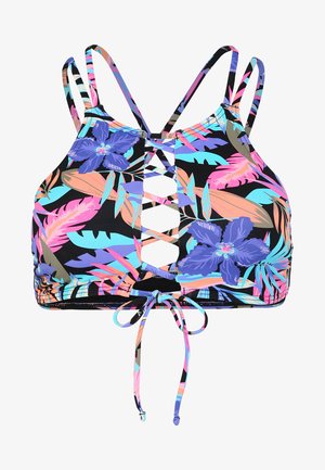 Haut de maillot de bain court à imprimé floral avec des couleurs noire, rose, bleue et violette. Il présente un design à lacets et une fermeture à lien ajustable au bas.