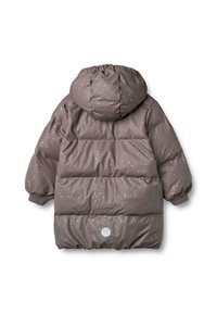 Giubbotto puffer marrone con cappuccio, caratterizzato da motivi di stelle argentate luccicanti, polsini a coste e un logo circolare nella parte bassa anteriore.