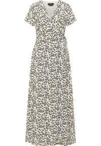 Maxikleid mit Leopardenmuster, kurzen Ärmeln, V-Ausschnitt und fließendem Design aus cremefarbener und schwarzer Stoff, ausgestattet mit einem Wickelstil und weicher Textur.