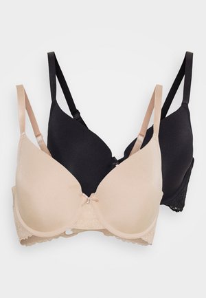 Two bras: one nude with a smooth finish and lace accents, and one black with a smooth finish. Both have adjustable straps and underwire.