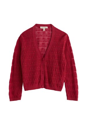 Piros, könnyű kötött kardigán V-nyakkivágással, három gombbal, hosszú ujjakkal és finom csipkemintával az egész darabon.