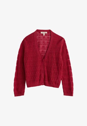 Rode, lichtgewicht gebreide cardigan met V-hals, drie knopen, lange mouwen en een delicaat kantpatroon door het hele kledingstuk.