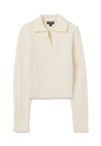 Cremfarbener, kurz geschnittene Pullover mit V-Ausschnitt. Verfügt über ein Kabelstrickmuster im gesamten Design, gerippte Ärmelbündchen und Saum. Weiche Textur.