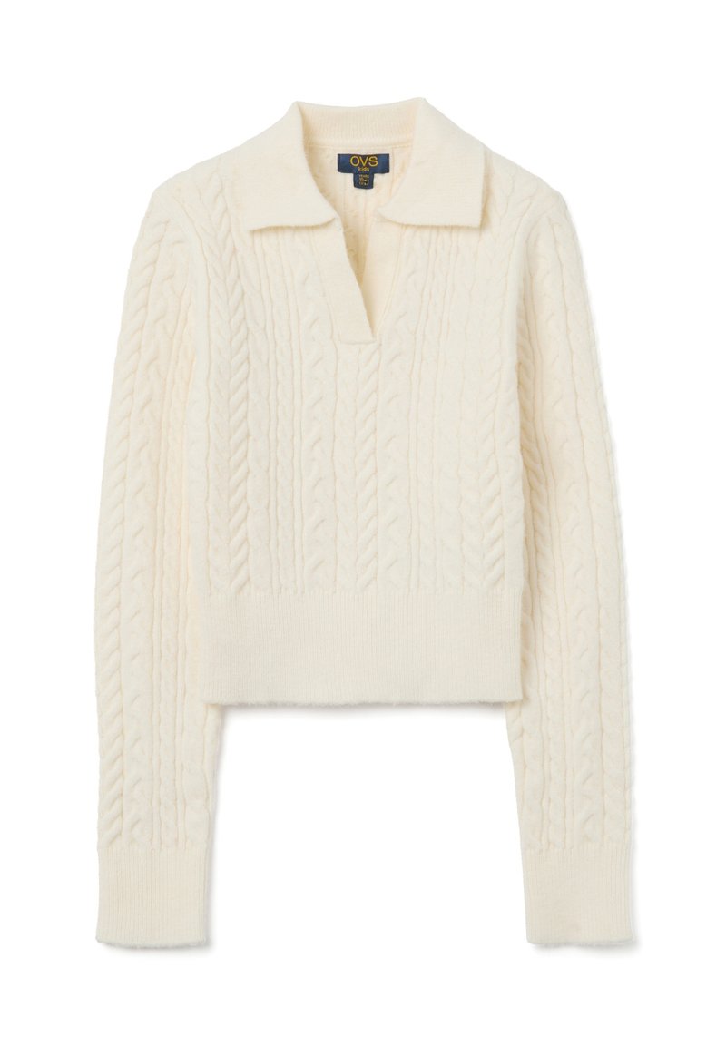 Cremfarbener, kurz geschnittene Pullover mit V-Ausschnitt. Verfügt über ein Kabelstrickmuster im gesamten Design, gerippte Ärmelbündchen und Saum. Weiche Textur.