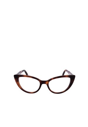 Occhiali cat-eye in tartaruga marrone con aste sottili e finitura lucida su sfondo bianco.