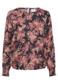 Blouse à manches longues en tissu bleu marine foncé, avec un motif floral aux tons rose et pêche. Détail dos avec ouverture en forme de goutte et poignets smockés.