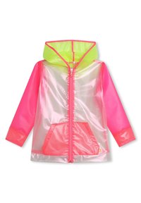 Giacca da pioggia trasparente neon rosa con cappuccio in rete, maniche lunghe, zip frontale e due tasche anteriori. Accentuata da un rivestimento verde brillante.