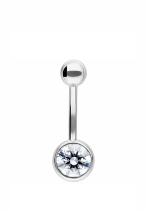 Silver curved barbell belly button ring with a polished ball on top and a large, clear faceted gemstone at the bottom.